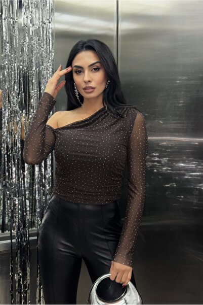 Emel Yıldız Open Shoulder Blouse with Stone Sleeves and Tulle Detail