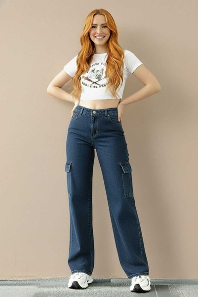 Trn JNS Cery 90`s Likralı Salaş Kargo Arka Cepsiz Mavi Süper Yüksek Bel Salaş Paça Denim Kot Pantolon
