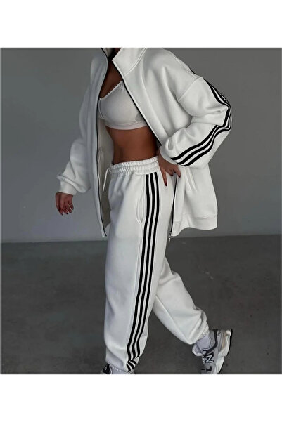 hibiscus Striped Three Thread Tracksuit - White