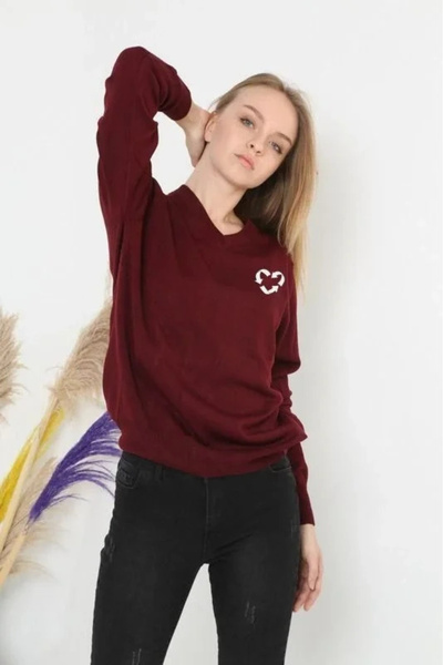 hibiscus Long Sleeve V-Neck Printed Woven Knitwear - Claret Red