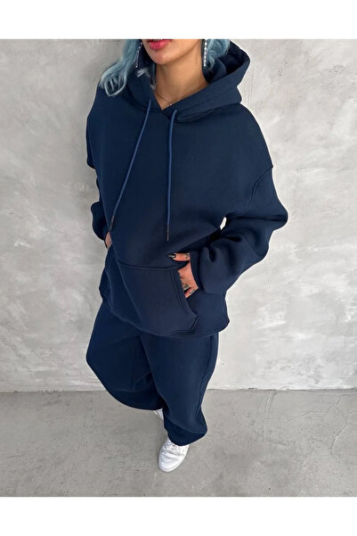 hibiscus Three Thread K Hooded Tracksuit Set - Navy Blue