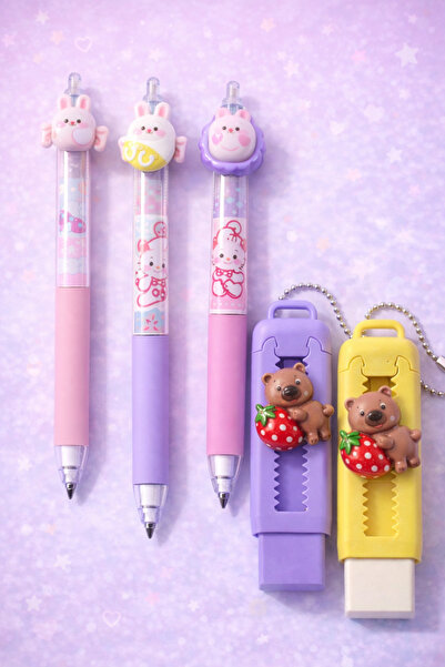 matheon Kawaii 3’lü Uçlu Kalem + 2'li Ayıcıklı Asansörlü Silgi Seti Sevimli O...