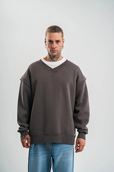 modamtn Wide V-Neck Sleeve Rib Detailed Sweatshirt - Smoked