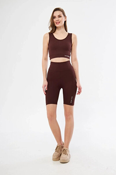 hibiscus Women's High Waist Ribbed Cropped Biker Shorts Set - Claret Red