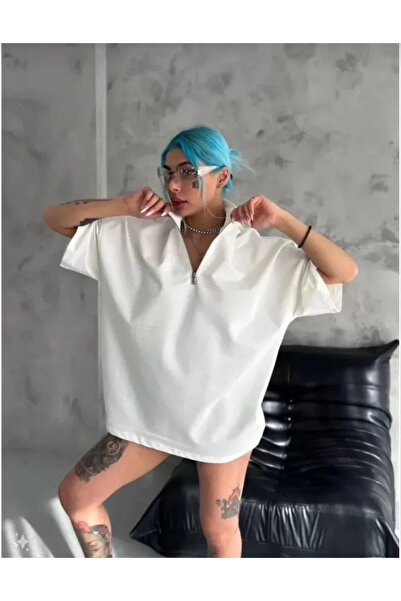 hibiscus Unisex Half Zip Plain Oversize T-Shirt - White