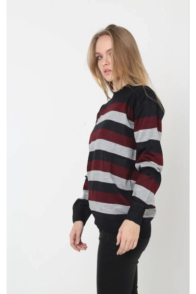 hibiscus Unisex Thick Striped Crew Neck Knitwear Sweater - Claret Red