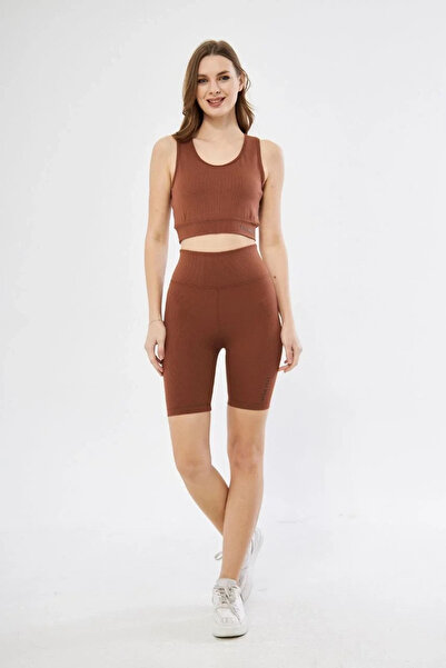 hibiscus Women's High Waist Corded Cropped Biker Shorts Set - Brown