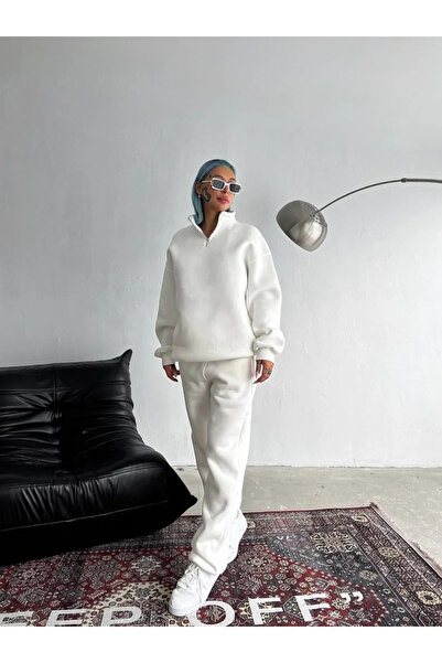 hibiscus Three Thread Half Zippered Winter Tracksuit Set - White