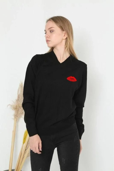 hibiscus Long Sleeve V-Neck Printed Woven Knitwear - Black