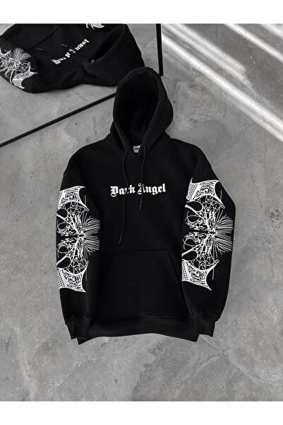 BÜŞRA TEZEL MODA Three Thread Hooded Printed Oversize Sweatshirt - Black