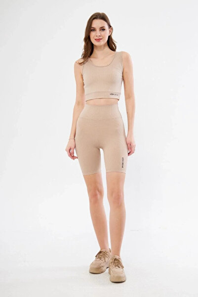 hibiscus Women's High Waist Ribbed Cropped Biker Shorts Set - Beige