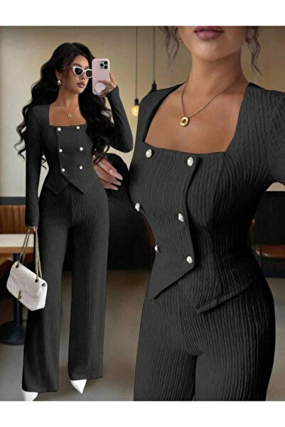 Sisa Butik İthal Bürümcük Kumaş Düğme Detaylı Ikili Takım