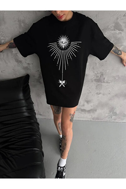 hibiscus Unisex Crew Neck Printed Oversize T-Shirt - Black