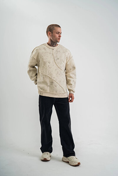 kalimbus Crew Neck Washed Asymmetrical Cut-Out Sweatshirt - Cream