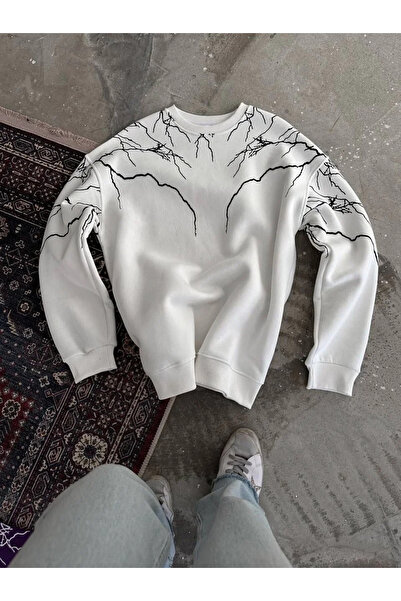 hibiscus Lightning Printed Crew Neck Sweatshirt - White