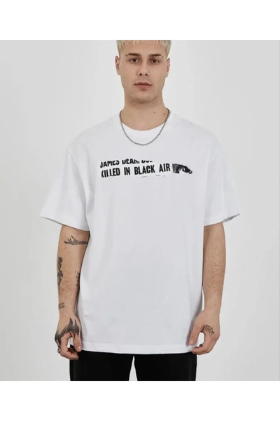 JANES Tricou alb unisex cu imprimeu oversize cu guler rotund