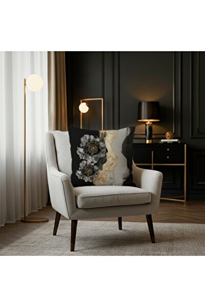 MİNOZA Digital Printed Black Background with Gold Detailed Floral Pattern Dec...