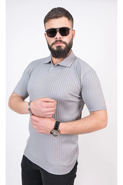 IVORA WEAR تي شيرت محبوك بياقة منسوجة - رمادي