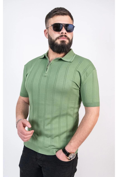 IVORA WEAR قميص تي شيرت محبوك بنصف سحاب وياقة - أخضر مائي