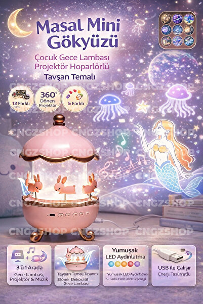 CNGZSHOP Masal Mini Gökyüzü Çocuk Gece Lambası Projektör Hoparlörlü 12 Filmli Tavşan Temalı