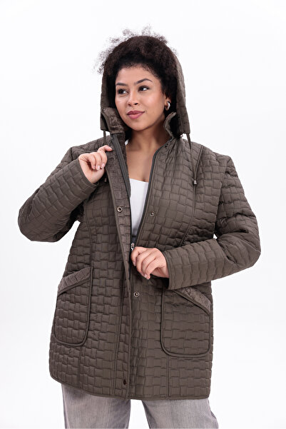 MG OTANTİK Women's Plus Size Fur Water Repellent Quilted Coat with Hooded Pockets