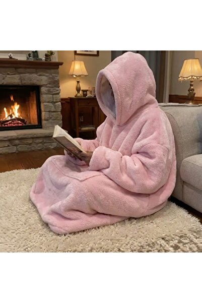 Animory Pembe Peluş Hoodie Battaniye Oversize Kapüşonlu Giyilebilir Battaniye, Ultra Yumuşak Sıca Ev Yapımı