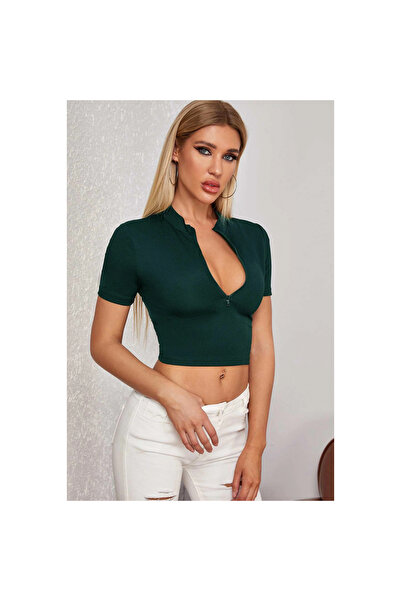 Narnuga Marsilyan- Women's Green Half Zipper and Short Sleeve Crop Top Blouse