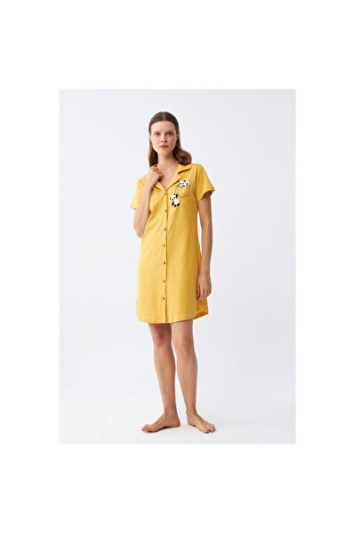 Narnuga Mi̇ray- Women's Cotton Combed Short Sleeve Buttoned Yellow Tunic Nigh...