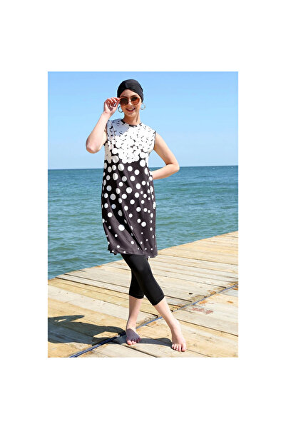 Narnuga Mi̇ray - Zero Sleeve Polka Dot Half Hijab Swimsuit Black White Polka Dot