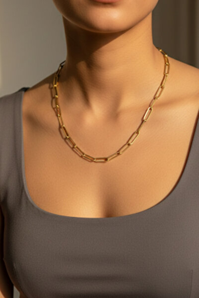 Rua Jewelry Steel Paper Clip Necklace - Standard 55 cm 5 mm Gold Color |   Non-Tarnishing, Unisex, 2 Years Warranty