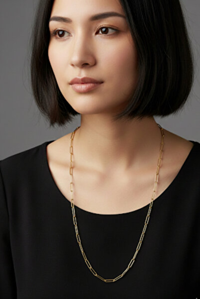 Rua Jewelry Steel Paper Clip Necklace - Long 60 cm 5 mm Gold Color |   Non-Tarnishing, Unisex, 2 Years Warranty