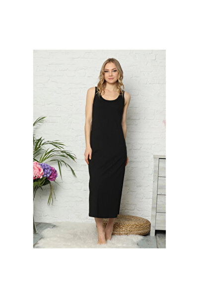 Narnuga MİRAY- ثوب نوم طويل من القطن الممشط الأسود بحمالات سميكة