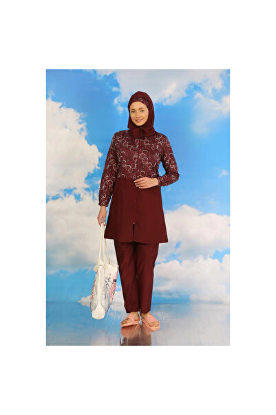 Narnuga Mi̇ray- Women's Patterned Full Hijab Swimsuit with Pants Burgundy