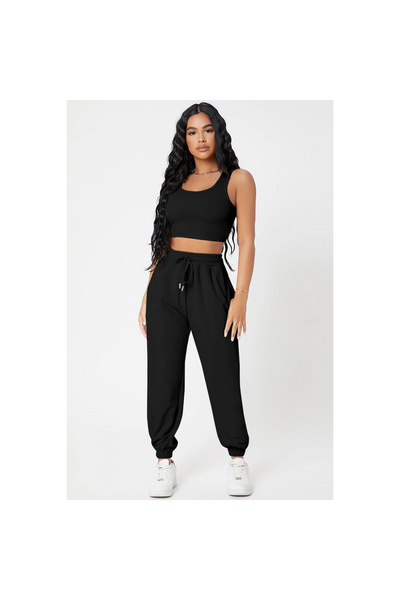 Narnuga Marsilyan- Women's Black Camisole with Pockets Jogger Sweatpants and Crop Top Blouse