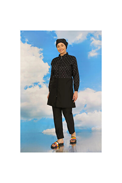 Narnuga Mi̇ray- Women's Patterned Full Hijab Swimsuit with Pants Black