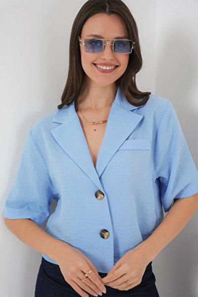 nedo7 0706 Crop Linen Jacket - Blue
