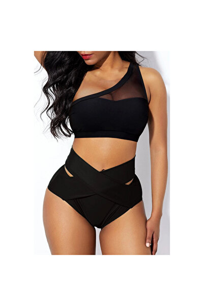 Narnuga Marsilyan- Women's Black High Waist Tulle Detailed Bra Panty Set