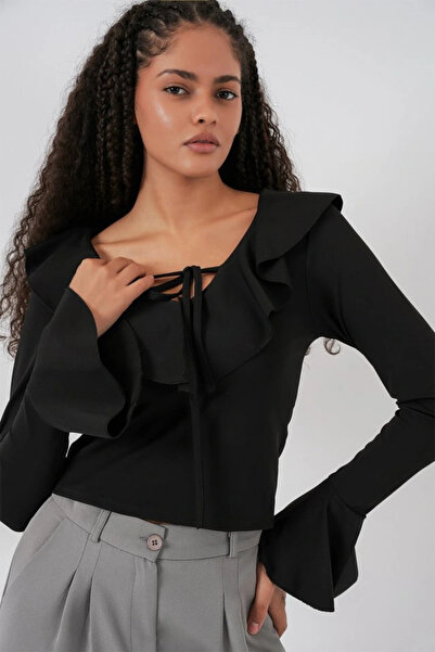 nedo7 Long Sleeve Crop Blouse 979 - Black