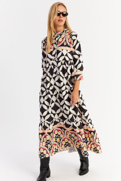 NEW JOURNAL Γυναικείο Μαύρο Φόρεμα Μάξι Με βολάν Με σχέδιο MYLE14