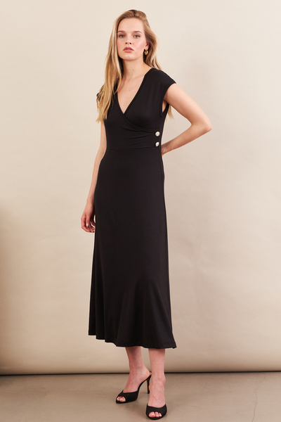 NEW JOURNAL Kadın Siyah Düğme Detaylı Kruvaze Midi Elbise EY0011