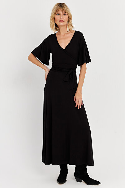 NEW JOURNAL Kadın Siyah Kruvaze Bağlamalı Maxi Elbise EY3038