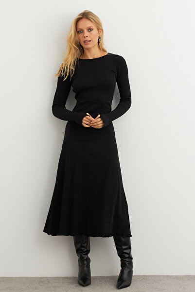 NEW JOURNAL Kadın Siyah Bağlamalı Kaşkorse Midi Elbise COL2268