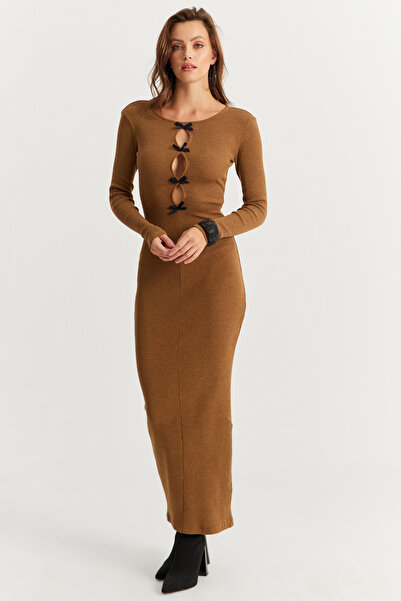 NEW JOURNAL Kadın Camel-Siyah Kurdele Detaylı Kaşkorse Maxi Elbise XL2043