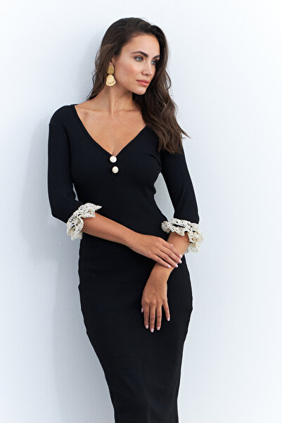 NEW JOURNAL Kadın Siyah Kolları Dantel Detaylı Kaşkorse Midi Elbise EY2955