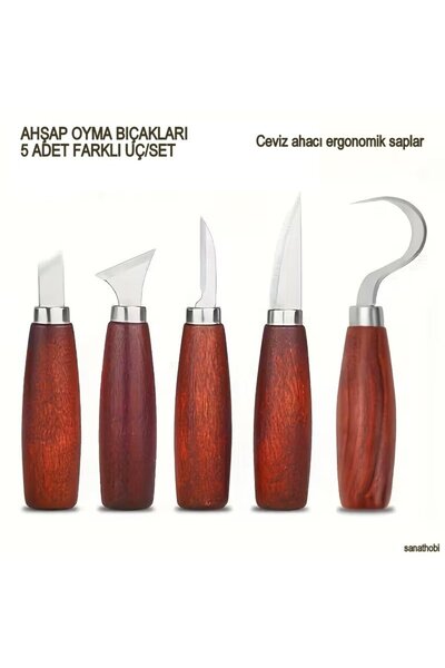 Sanathobi Ahşap oyma bıçağı seti 5'li, ceviz ağacı saplı, karbon çelik, zarif...
