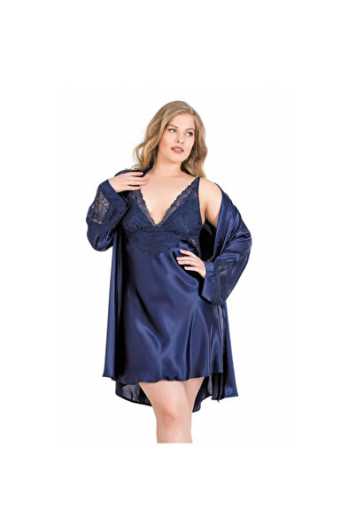 MİRALİVE Marsilyan- Large Size Navy Blue Short Double Satin Robe Nightgown Set