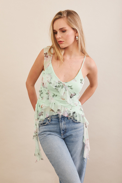 NEW JOURNAL بلوزة نسائية من الشيفون المزخرف بنقشة النعناع FS033