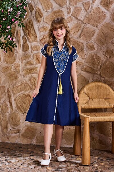 Alesaei-mondo tondo جلابيه بناتي ازرق مطرز 7013