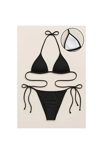 Narnuga Marsilyan- Women's Black Side Tie and Halter Neck Bikini Swimsuit Set
