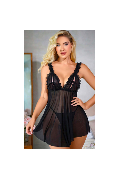 Narnuga Siyah Fırfırlı Göğüs Dekolteli Transparan Fantezi Tül Gecelik